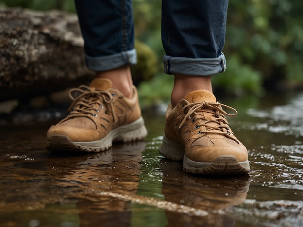 Auf dem Bild sind die Füße einer Person in wasserfesten Schuhen zu sehen, die in einer flachen Wasserstelle stehen. Um sicher und komfortabel unterwegs zu sein, hier einige praktische Tipps für deinen Aufenthalt:1. **Wassertaugliche Schuhe tragen**: Wähle Schuhe, die bequem sind und sich gut für nasse Untergründe eignen, wie die auf dem Bild.2. **Kleidung an die Umgebung anpassen**: Entscheide dich für zügige, atmungsaktive Kleidung, die auch einem leichten Nieselregen standhält.3. **Sichtbarkeit**: Wenn du unterwegs bist, achte darauf, dass du gut sichtbar bist, vor allem wenn du in bewaldeten oder dunkleren Gegenden wandelst.4. **Steigern der Sicherheit**: Achte auf den Untergrund und vermeide rutschige Stellen, besonders wenn du in der Nähe von Wasserläufen bist.5. **Notfälle planen**: Hab stets ein kleines Erste-Hilfe-Set dabei für kleinere Verletzungen oder Insektenstiche.Diese Tipps können dir helfen, deinen Aufenthalt angenehmer und sicherer zu gestalten!