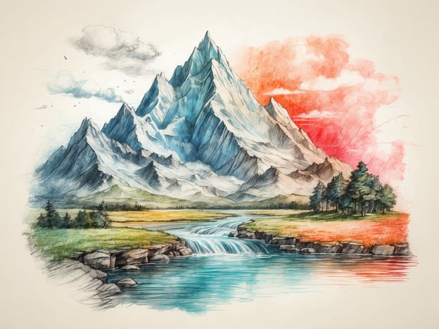 Auf dem Bild sind majestätische Berge mit schneebedeckten Gipfeln, die in einen blauen Himmel ragen. Im Vordergrund fließt ein klarer Fluss, umgeben von grünen Wiesen und vereinzelten Bäumen. Die Farben des Himmels variieren von Blau zu einem lebhaften Rot, was eine dramatische Stimmung erzeugt.In der Umgebung von Der Waldseilgarten in Frauenau könnte eine solche Kulisse traumhaft sein, da man in dieser Region die natürliche Schönheit der Wälder und Berge genießen kann. Dort gibt es zahlreiche Möglichkeiten für Abenteuer und Erholung in der Natur.