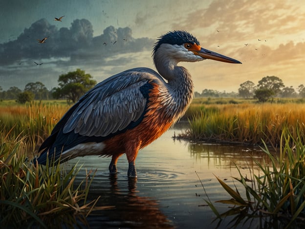 Auf dem Bild ist ein Reiher in den Ibera-Sümpfen zu sehen, umgeben von einer malerischen Landschaft aus Wasser und Schatten von Bäumen. Die Ibera-Sümpfe, ein UNESCO-Biosphärenreservat, sind bekannt für ihre reiche Tierwelt, insbesondere für zahlreiche Vogelarten, darunter viele Reiher.Touristen können hier eine Vielzahl von Erlebnissen genießen, wie Bootsfahrten durch die ruhigen Wasserwege, Vogelbeobachtungen, und Fotografie von der atemberaubenden Natur. Der Sonnenaufgang oder Sonnenuntergang bietet zudem spektakuläre Lichtverhältnisse, um die Schönheit des Feuchtgebiets einzufangen. Die Region ist auch ein Hotspot für Ökotourismus, wo Besucher die unberührte Natur hautnah erleben können.