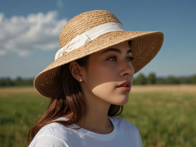 Auf dem Bild ist eine junge Person mit einem breiten Strohhut zu sehen. Sie steht im Freien, umgeben von einer grünen Wiese und einem blauen Himmel mit einigen Wolken. Ihr Ausdruck wirkt nachdenklich und friedlich.**Besondere Hinweise für Besucher:**- Achten Sie auf die natürliche Schönheit der Umgebung.- Der Strohhut bietet guten Sonnenschutz, was in der Natur vorteilhaft ist.- Diese Art von Szenerie kann inspirierend für Fotografien oder entspannende Spaziergänge sein.