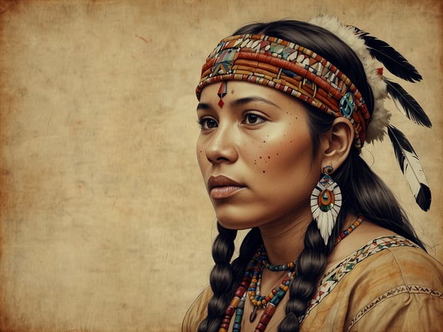 Auf dem Bild sieht man eine indigene Frau mit traditioneller Kleidung und Schmuck, einschließlich einer Kopfband mit Federn und Perlen. Die Darstellung könnte die kulturellen Höhepunkte der indigenen Völker in der Region um den Fitz Roy betrachten. Fitz Roy ist ein majestätischer Berg in Patagonien, bekannt für seine beeindruckenden Gipfel und die atemberaubende Landschaft.Die Umgebung von Fitz Roy bietet zahlreiche Wander- und Klettermöglichkeiten, die von der einzigartigen Flora und Fauna geprägt sind. Es ist ein wichtiger Ort für Naturliebhaber und Abenteurer, ebenso wie eine Region, die tief mit der Kultur der indigenen Völker verbunden ist. Die Schönheit der Natur und die kulturelle Geschichte bilden hier eine harmonische Einheit.