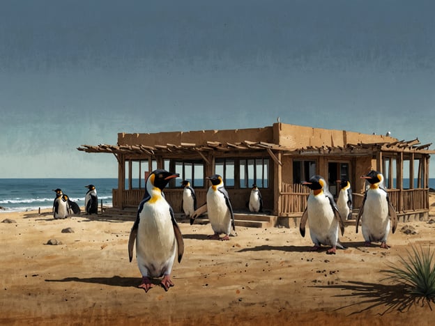 Auf dem Bild sind mehrere Pinguine zu sehen, die sich in einer wüstenähnlichen Umgebung befinden, vor einem Gebäude, das wie ein Besucherzentrum oder eine Unterkunft aussieht. Der Hintergrund zeigt das Meer unter einem klaren Himmel.Punta Tombo ist ein beliebtes Touristenziel in Argentinien, bekannt für seine große Kolonie von Magellan-Pinguinen. Besucher können hier das einzigartige Verhalten der Pinguine beobachten, insbesondere während der Brutzeit von September bis April. Es gibt Wanderwege und Aussichtsplattformen, um die Tiere zu beobachten, ohne sie zu stören. Es ist wichtig, respektvoll mit der Natur umzugehen und die vorgegebenen Wege nicht zu verlassen.