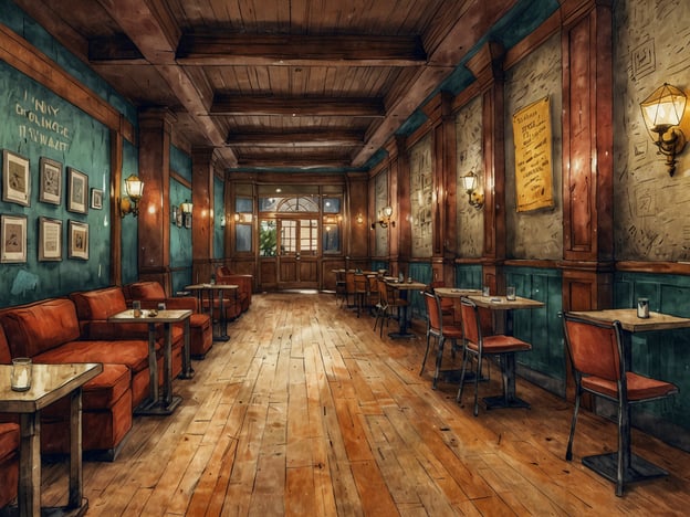 Auf dem Bild ist ein gemütlicher Raum zu sehen, der möglicherweise ein Café oder eine Bar darstellt. Die Wände sind in einem beruhigenden Blau gestrichen und mit Bildern dekoriert. Es gibt mehrere Sitzmöglichkeiten, darunter gepolsterte Sofas und Tische mit Stühlen. Die warmen Holztöne des Bodens und der Decke sowie die sanfte Beleuchtung durch Wandleuchten verleihen dem Raum eine einladende Atmosphäre. Der große Eingang lässt viel Licht herein und schafft eine Verbindung nach draußen.Interaktive Erlebnisse vor Ort könnten beinhalten, dass Gäste ihre eigenen Getränke bestellen, sich mit Freunden treffen oder einfach die Atmosphäre genießen und entspannen. Events wie Live-Musik oder Themenabende könnten ebenfalls stattfinden, um das Erlebnis zu bereichern.