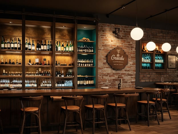 Auf dem Bild ist eine stilvolle Bar zu sehen, die eine Vielzahl von Weinen und Spirituosen anbietet. Die Holzregale sind voll mit Flaschen, was auf eine umfangreiche Weinauswahl hinweist, die typisch für viele Weinregionen ist.Wenn man an kulinarische Highlights der Region denkt, könnten hier insbesondere lokale Weine aus bekannten Anbaugebieten serviert werden, möglicherweise auch zu passenden regionalen Speisen wie handgemachten Käseplatten, traditionellen Wurstvariationen oder saisonalen Gemüsegerichten. Ein gemütlicher Ort, um die feinen Aromen und die kulinarische Vielfalt der Umgebung zu genießen!