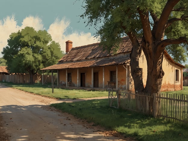Auf dem Bild sieht man ein typisches, rustikales Haus, das von Bäumen und Wiese umgeben ist. Dies erinnert an die ländliche und traditionelle Architektur von San Antonio de Areco, einem kleinen Dorf in Argentinien, das für seine reiche Kultur und Geschichte bekannt ist. San Antonio de Areco ist eng mit den Gauchos verbunden, die dort einst lebten und arbeiteten.Die Szenerie vermittelt ein Gefühl von Ruhe und Einfachheit, das für das Leben in dieser Region charakteristisch ist. Das Bild könnte die Erinnerung an die Gletscher des 19. Jahrhunderts wachrufen, als das Dorf ein Zentrum für Viehzucht und die Tradition der Gauchos war. Die Landschaft ist ideal für die Darstellung der tief verwurzelten Traditionen, die die Kultur von San Antonio de Areco prägen.