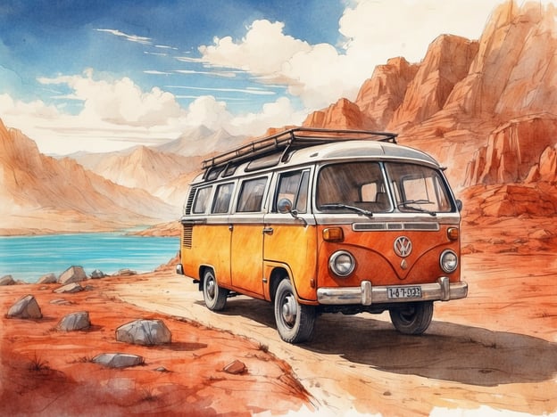 Auf dem Bild ist ein orangefarbenes VW-Bus-Modell zu sehen, das in einer malerischen Landschaft mit roten Felsen und einem blauen Gewässer parkt. Es wirkt wie eine idyllische Szenerie, die Abenteuer und Reisen symbolisiert.Hier sind einige Tipps für einen gelungenen Besuch in einer ähnlichen Umgebung:1. **Planung der Route**: Informiere dich im Voraus über sehenswerte Punkte in der Umgebung, um keine versteckten Schönheiten zu verpassen.2. **Ausrüstung**: Nimm genügend Wasser und Snacks mit, um dich während deines Aufenthalts zu stärken.3. **Kamera**: Vergiss nicht, eine Kamera oder dein Smartphone mitzunehmen, um die schönen Momente festzuhalten.4. **Natur respektieren**: Halte dich an die Regeln für den Schutz der Natur und hinterlasse keinen Müll.5. **Kleidung**: Trage bequeme, geeignete Kleidung und gutes Schuhwerk, um auch unebene Wege gut bewältigen zu können.6. **Sicherheit**: Informiere jemanden über deine Pläne und die voraussichtliche Rückkehrzeit, besonders wenn du in abgelegene Gebiete fährst.Viel Spaß beim Entdecken und Erleben der Natur!