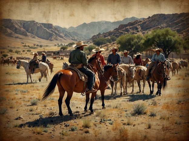 Auf dem Bild sind mehrere Gauchos zu sehen, die auf ihren Pferden durch eine weite, trockene Landschaft reiten. Diese Szenerie spiegelt das Leben der Gauchos wider, die als wandernde Viehzüchter in der südamerikanischen Pampas leben.Gauchos sind bekannt für ihre Fähigkeiten im Umgang mit Pferden und ihre Expertise in der Viehzucht. Oft tragen sie traditionelle Kleidung, wie weite Hosen und breite Hüte, die sie vor der Sonne schützen. Ihr Lebensstil ist eng mit der Natur verbunden, und sie verbringen viel Zeit in der freien Natur, wo sie ihre Herden betreuen und die Weiten der Landschaft erkunden.Die dargestellte Szene könnte eine Versammlung oder einen Transport von Vieh zeigen, was ein typisches Element des Alltags eines Gauchos ist, während sie die Weiden durchqueren oder sich auf eine Rinderherde vorbereiten. Der Gemeinschaftssinn und die enge Verbindung zur Tradition sind ebenfalls wichtige Aspekte ihres Lebens.