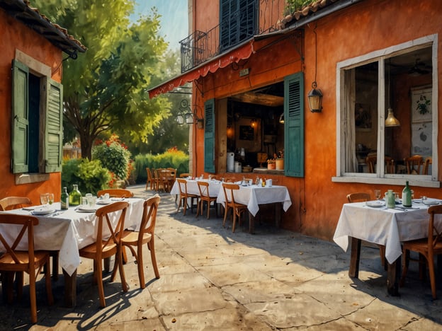 Auf dem Bild ist ein charmantes Restaurant im Freien mit weißen Tischdecken und Holzmöbeln zu sehen. Im Hintergrund sieht man ein Gebäude mit orangefarbener Fassade und grünen Fensterläden, umgeben von Bäumen und gut gepflegten Blumen.
Für einen perfekten Aufenthalt in San Rafael empfehle ich Folgendes:
1. **Lokale Gastronomie**: Genieße die regionale Küche in einem der zahlreichen Restaurants. Probiere lokale Weine und saisonale Gerichte.
2. **Naturerlebnisse**: Entdecke die umgebende Natur durch Wanderungen oder Fahrradtouren. Die Landschaft ist atemberaubend und bietet viele schöne Ausblicke.
3. **Kulturelle Veranstaltungen**: Informiere dich über lokale Festivals und Märkte, um die Kultur von San Rafael hautnah zu erleben.
4. **Weinproben**: Besuche einige der Weingüter der Region, um die berühmten Weine zu probieren und mehr über den Weinherstellungsprozess zu erfahren.
5. **Entspannung**: Plane Zeit zum Entspannen an einem der schönen Plätze oder in Parks ein, um die Atmosphäre der Stadt zu genießen.