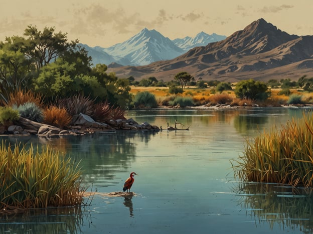 Auf dem Bild ist eine idyllische Landschaft zu sehen, die die Flora und Fauna der Laguna Brava widerspiegelt. Im Vordergrund erkennt man ein ruhiges Gewässer, umgeben von üppigen, grünen Gräsern und Sträuchern, die typisch für die Region sind. In der Mitte steht ein Vogel, der auf einem kleinen Felsen sitzt – möglicherweise ein Vertreter der Wassergeflügel, die in dieser Gegend beheimatet sind.Im Hintergrund erheben sich majestätische Berge, die mit schneebedeckten Gipfeln versehen sind, und die vielfältige Pflanzenwelt könnte aus Trockensträuchern und typischen Flora bestehen, die in den ariden Zonen der Laguna Brava wachsen. Die gesamte Szenerie strahlt eine harmonische Verbindung zwischen Wasser, Pflanzen und Tieren aus, was die natürliche Schönheit dieser Region unterstreicht.