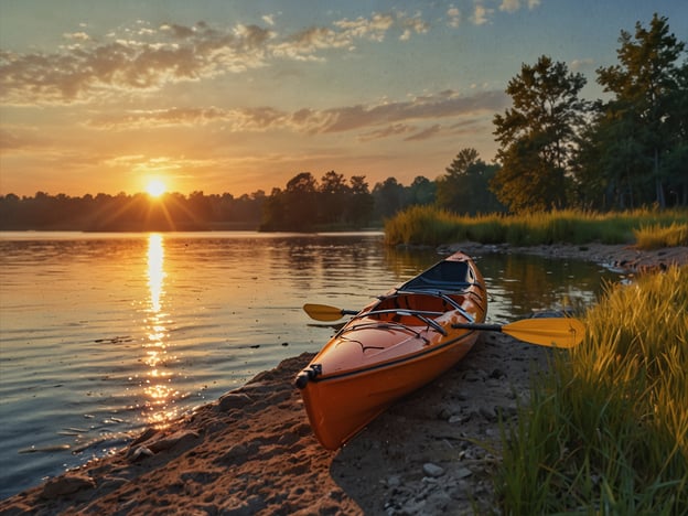Auf dem Bild ist ein ruhiger See zu sehen, an dem ein orangefarbenes Kajak am Ufer liegt. Die Morgensonne geht auf und wirft ein sanftes Licht auf das Wasser, das die Umgebung in warmen Farben erstrahlen lässt.Solche Szenen laden zu verschiedenen Aktivitäten ein. Man könnte eine Kajaktour auf dem See machen, das sanfte Schaukeln auf dem Wasser genießen und die Natur erkunden. Vielleicht sind auch andere Freizeitaktivitäten wie Angeln oder einfach nur Entspannen am Ufer möglich. Das Bild vermittelt ein Gefühl von Ruhe und der Möglichkeit, den Tag mit Outdoor-Abenteuern zu beginnen.