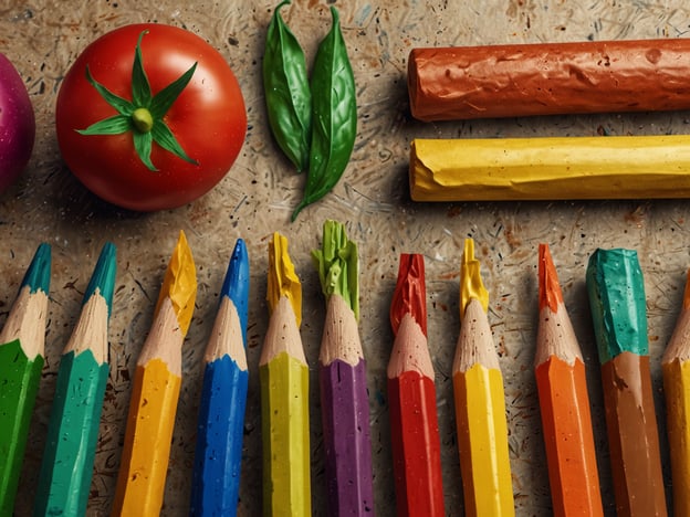 Auf dem Bild sind verschiedene Farben und eine Tomate sowie einige grüne Blätter zu sehen. Kulinarisch betrachtet, könnte die Tomate auf die mediterrane Küche hinweisen, die für ihre frischen Zutaten bekannt ist. In dieser Region sind Gerichte wie Caprese-Salat oder Tomatensauce für Pasta sehr beliebt. Die grünen Blätter könnten Basilikum sein, das oft in italienischen Gerichten verwendet wird und den Gerichten ein aromatisches Flair verleiht.Die bunten Stifte erinnern an die lebhafte Präsentation von Essen, die in vielen kulinarischen Traditionen wichtig ist, um die Frische und Vielfalt der Zutaten zu betonen.