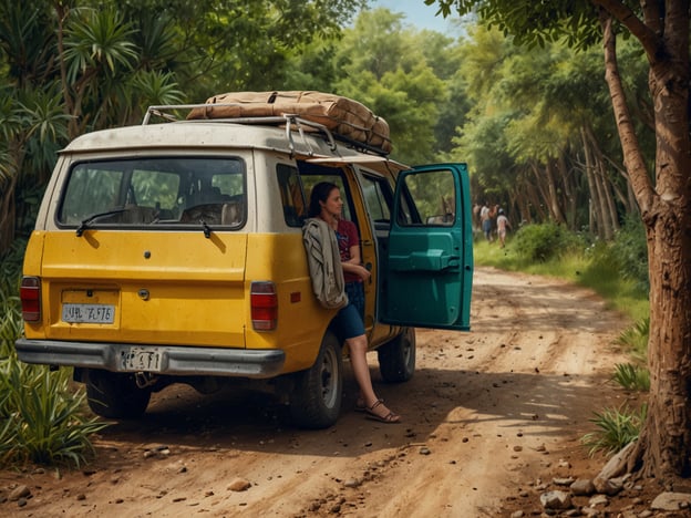 Auf dem Bild sieht man eine gelbe Lieferwagen und eine Frau, die entspannt neben dem Fahrzeug sitzt, während im Hintergrund ein Waldweg zu sehen ist. Diese Szenerie könnte gut zu Estancia Cristina passen, einem Ort, der bekannt ist für seine wunderschöne Natur und seine Bemühungen um Nachhaltigkeit und Umweltschutz.In Estancia Cristina wird großer Wert auf die Erhaltung der natürlichen Umgebung gelegt, was durch umweltfreundliche Praktiken und nachhaltigen Tourismus unterstützt wird. Solche Aktivitäten fördern nicht nur den Schutz der Flora und Fauna der Region, sondern bieten auch Besuchern die Möglichkeit, die unberührte Natur hautnah zu erleben und für ihre Erhaltung zu sensibilisieren.