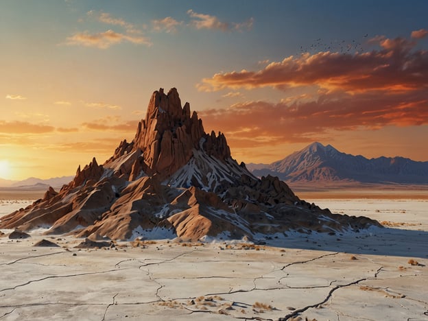 Auf dem Bild ist eine beeindruckende Landschaft zu sehen, die von den einzigartigen Eigenschaften des Campo de Piedra Pómez inspiriert zu sein scheint. Diese Region, bekannt für ihre faszinierenden vulkanischen Felsformationen, zeichnet sich durch ausgeprägte, skulpturale Strukturen aus, die aus leichtem Pumice-Gestein bestehen. Das Gelände ist oft von kargen, sandigen Böden umgeben, die durch Risse und Spalten geprägt sind.Die leuchtenden Farben des Sonnenuntergangs reflektieren die surrealistische Schönheit der Umgebung, während die typischen hohen, spitzen Formationen an kleine Berge oder Hügel erinnern. In der Hintergrundlandschaft sind weitere Bergzüge zu erkennen, die die beeindruckende Weite des Gebiets unterstreichen. Der Eindruck von rauem, unberührtem Terrain und die schroffe Schönheit machen diese Szene zu einem faszinierenden Beispiel der natürlichen Geologie und Landschaftsformen, die im Campo de Piedra Pómez zu finden sind.