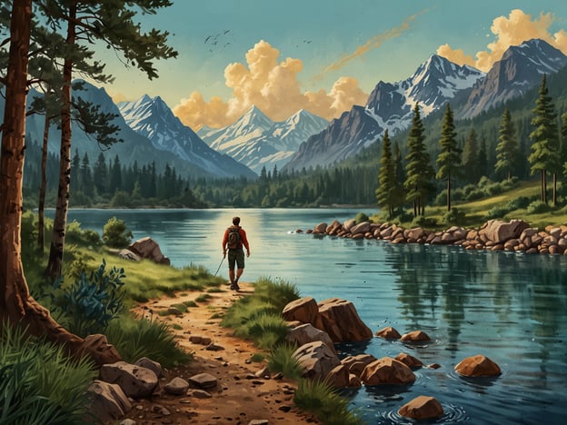 Auf dem Bild ist eine malerische Landschaft mit einem Wanderer zu sehen, der an einem ruhigen See entlanggeht, umgeben von majestätischen Bergen und dichten Wäldern. Die Szene lädt abenteuerlustige Menschen zu verschiedenen Aktivitäten ein, wie:1. **Wandern**: Die klare Wanderroute am Seeufer ist perfekt für eine ausgedehnte Wanderung in der Natur.2. **Fotografie**: Die beeindruckende Kulisse bietet hervorragende Möglichkeiten für Landschaftsfotografie.3. **Angeln**: Der ruhige See lädt zu einem entspannten Angelausflug ein.4. **Kajakfahren**: Das Wasser ist ideal für Kajak- oder Kanufahrten, um die Natur aus einer anderen Perspektive zu genießen.5. **Campen**: Die Umgebung bietet zahlreiche Optionen für ein Lagerfeuer und Übernachtungen unter dem Sternenhimmel.Diese Aktivitäten versprechen ein unvergessliches Abenteuer in der Natur!