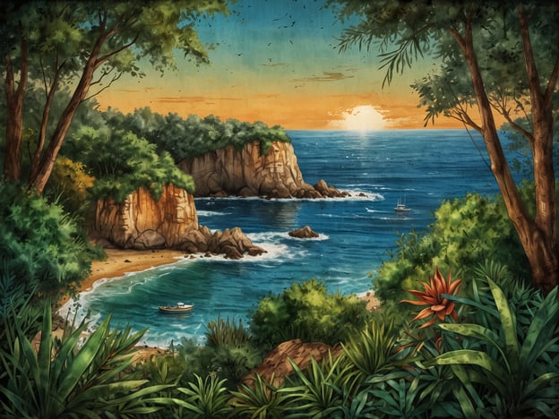 Auf dem Bild sind eine malerische Küstenlandschaft und ein Sonnenuntergang zu sehen. Die Szenerie zeigt grüne Vegetation, Klippen und das Meer, wo ein Boot auf den Wellen schaukelt. Diese Darstellung vermittelt eine harmonische Beziehung zwischen Natur und Wasser.Um den Erhalt der Natur zu betonen, könnte man auf die Bedeutung von Nachhaltigkeit auf der Península Mitre hinweisen. Hierbei ist es wichtig, die einheimische Flora und Fauna zu schützen, um die Biodiversität zu bewahren und gleichzeitig einen nachhaltigen Tourismus zu fördern. Die Schönheit solcher Landschaften ist nicht nur ein Genuss für die Augen, sondern auch ein wertvolles Erbe, das es zu erhalten gilt.