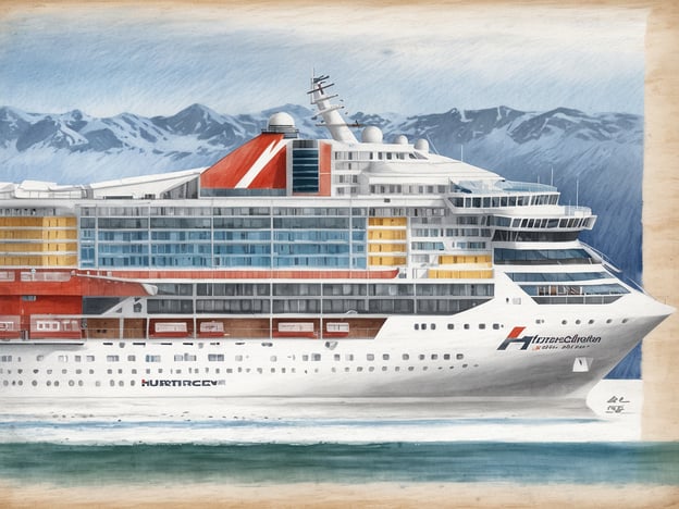 Ein modernes Hurtigruten Kreuzfahrtschiff ist im Vordergrund zu sehen, das auf ruhigem Wasser fährt. Im Hintergrund sind majestätische Berge mit schneebedeckten Spitzen zu erahnen. Das Schiff hat eine auffällige Farbgestaltung mit roten, orangen und gelben Elementen. Die Fenster und Balkone der Kabinen sind gut sichtbar und verleihen dem Schiff einladenden Charakter. Die gesamte Szene strahlt eine Mischung aus Abenteuer und Komfort aus, und das Bild verdeutlicht die Investition in den neuen Kurs von Hurtigruten mit 500 Millionen Euro.
