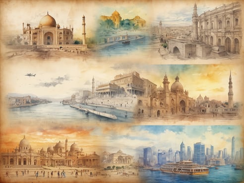 Das Bild zeigt eine Collage von verschiedenen berühmten Bauwerken und Landschaften aus der ganzen Welt. Oben links ist das Taj Mahal abgebildet, umgeben von einer ruhigen Szenerie. Daneben sind alte Gebäude und eine Wasserlandschaft zu sehen, die an historische Städte erinnern. In der oberen Mitte ist ein Fluss zu erkennen, gesäumt von eleganten architektonischen Strukturen. Darunter sind eindrucksvolle Moscheen und Paläste abgebildet, umgeben von Menschen, die die Atmosphäre genießen. Ganz unten sind eine weitere monumentale Architektur und moderne Hochhäuser in einer Stadtsilhouette zu sehen, möglicherweise aus einer asiatischen Metropole. Die gesamte Darstellung vermittelt ein Gefühl von Reisen und Entdeckung.