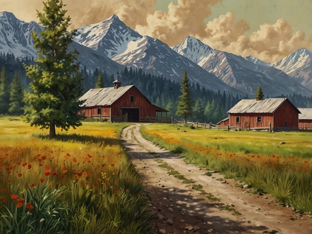 Auf dem Bild sind eine idyllische Landschaft mit roten Holzhäusern, grünen Wiesen und schneebedeckten Bergen im Hintergrund zu sehen. Diese ländliche Umgebung mit einem befestigten Weg, umgeben von Blumen und Bäumen, vermittelt eine friedliche Atmosphäre.Die beste Reisezeit für einen Besuch dieser Art von Landschaft ist im Spätfrühling und Sommer, von Mai bis August. In dieser Zeit sind die Temperaturen angenehm und die Natur blüht in voller Pracht.