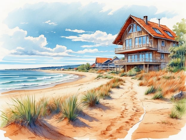 Auf dem Bild ist eine idyllische Küstenlandschaft zu sehen.Die Szene zeigt ein malerisches Strandhaus, das direkt am Ufer liegt. Das Gebäude hat eine elegante Holzstruktur mit großen Fenstern, die einen atemberaubenden Blick auf das Meer ermöglichen. Im Vordergrund erstreckt sich ein sanfter Sandstrand, der mit Gräsern und kleinen Pflanzen gesäumt ist. Die Wellen des Meeres schlagen sanft an das Ufer, während der Himmel mit einigen Wolken in einem strahlenden Blau erleuchtet ist. Die gesamte Atmosphäre vermittelt ein Gefühl von Ruhe und Entspannung, ideal für einen Urlaub am Strand.