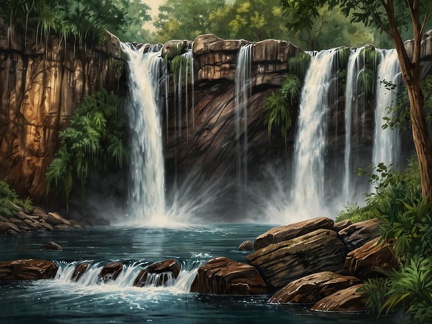Das Bild zeigt eine malerische Wasserfall-Szene mit fließendem Wasser und umgebender Natur, die an die beeindruckenden Wasserfälle bei Puerto Iguazú erinnert. In dieser Region kann man verschiedene Aktivitäten genießen, wie zum Beispiel:1. **Wanderungen**: Entlang der gut markierten Wanderwege, die atemberaubende Ausblicke auf die Wasserfälle bieten.2. **Bootstouren**: Abenteuertouren nahe der Wasserfälle, wo man das Wasser hautnah erleben kann.3. **Tierbeobachtungen**: Die reiche Tierwelt in den umliegenden Regenwäldern entdecken, darunter viele verschiedene Vogelarten und einzigartige Tiere.4. **Fotografie**: Die beeindruckenden Landschaften und Wasserfälle sind beliebte Motive für Fotografen.5. **Besuche des Nationalparks**: Der Iguazú-Nationalpark selbst bietet zahlreiche informative Ausstellungen und Möglichkeiten zur Erkundung der lokalen Flora und Fauna.Puerto Iguazú ist ein wunderbarer Ort für Naturliebhaber und Abenteuerlustige!