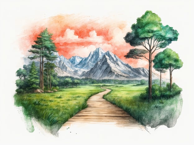 Auf dem Bild ist eine malerische Landschaft zu sehen, die von hohen Bergen im Hintergrund, einem klaren Himmel mit roten Wolken und einer weiten Wiesenfläche im Vordergrund geprägt ist. Ein Holzweg schlängelt sich durch die grüne Wiese und lade zu einem Spaziergang ein. Die Bäume im Vordergrund verleihen der Szene eine natürliche Schönheit und eine einladende Atmosphäre.Diese Art von Naturansicht könnte in der Geschichte des Nationalparkzentrums eine symbolische Bedeutung haben, indem sie die unberührte Natur und die majestätischen Landschaften darstellt, die in vielen Nationalparks zu finden sind. Nationalparkzentren dienen oft als Informationspunkte, um Besucher über die lokale Flora, Fauna und die Bedeutung des Naturschutzes aufzuklären.