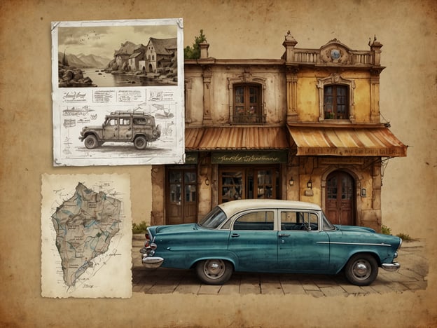 Auf dem Bild ist eine nostalgische Szene zu sehen, die ein charmantes, historisches Gebäude und ein klassisches Auto zeigt. Das Gebäude hat einen rustikalen Reiz mit Fenstern, die von verzinkter Eisenkunst dekoriert sind, und ein Schild mit dem Namen eines Restaurants oder Cafés. Aushänge und Zeichnungen, die vermutlich Sehenswürdigkeiten und Karten zeigen, ergänzen das Bild.
### Tipps für einen unvergesslichen Aufenthalt:
1. **Entdecken Sie die Umgebung**: Nehmen Sie sich Zeit, um die Gegend zu Fuß zu erkunden und versteckte Winkel zu finden, die oft in Reiseführern nicht erwähnt werden.
2. **Probieren Sie lokale Spezialitäten**: Besuchen Sie das Restaurant im Bild und lassen Sie sich von der regionalen Küche verwöhnen.
3. **Fotografieren Sie die Details**: Halten Sie die charmanten Merkmale der Architektur und des alten Autos fest. Solche Erinnerungen sind unbezahlbar.
4. **Sprechen Sie mit Einheimischen**: Fragen Sie nach ihren Lieblingsorten und Geheimtipps. Oft können Sie so spannende neue Orte entdecken.
5. **Genießen Sie den Moment**: Nehmen Sie sich Zeit, um einfach zu entspannen und die Atmosphäre auf sich wirken zu lassen. Manchmal sind es die kleinen Dinge, die einen Aufenthalt unvergesslich machen.
Viel Spaß bei Ihrem Besuch!