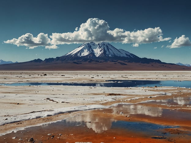 Auf dem Bild ist eine Landschaft mit einem majestätischen Berg zu sehen, umgeben von einer weitläufigen, trockenen Salzfläche. Diese Szenerie könnte zum Salar de Uyuni in Bolivien gehören, der als der größte Salzsee der Welt bekannt ist. Der faszinierende Ursprung des Salar de Uyuni liegt im ehemaligen präkolumbianischen Lake Poopó, der vor tausenden von Jahren verdampfte und eine riesige Salzwüste hinterließ. Heute ist er ein beeindruckendes Naturphänomen und zieht viele Touristen an, die die spektakulären Landschaften und die einzigartigen Reflexionen auf der Salzoberfläche bewundern möchten.