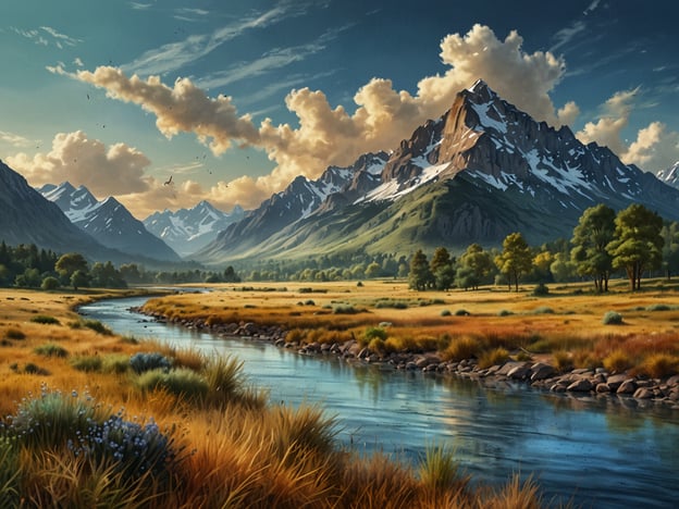 Auf dem Bild ist eine atemberaubende Landschaft zu sehen. Eine ruhige, klar fließende Aue schlängelt sich durch eine weite, grasbewachsene Ebene, umrahmt von majestätischen Bergen, die mit Schnee bedeckt sind. Der Himmel ist mit einem schönen Wolkenmuster geschmückt, und die Umgebung ist grün und lebendig. Diese Szenerie lädt ein, die atemberaubende Landschaft zu erleben.