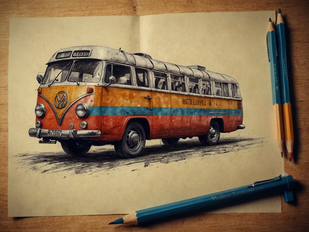 Auf dem Bild ist eine detaillierte Zeichnung eines farbenfrohen Volkswagen-Busses zu sehen. Dieser Bus hat einen nostalgischen und vintage Look, der an Reisen in den 60er und 70er Jahren erinnert.**Beste Reisezeit:** Die beste Zeit für eine Reise mit einem VW-Bus ist im Frühling und Sommer, wenn das Wetter mild und angenehm ist. Ideal sind die Monate Mai bis September, um die Natur zu genießen und spontane Roadtrips zu unternehmen.**Praktische Tipps:**1. **Frühzeitig planen:** Überlege dir deine Route im Voraus und markiere interessante Haltestellen.2. **Ausrüstung:** Stelle sicher, dass du genügend Camping- und Freizeitbedarf wie Schlafsäcke, Kühltaschen und Kochutensilien dabei hast.3. **Sicherheitscheck:** Vor der Abfahrt solltest du eine gründliche Wartung des Fahrzeugs durchführen, inklusive Reifendruck, Ölstand und Bremsen.4. **Flexibel bleiben:** Ein VW-Bus ermöglicht es dir, spontan zu reisen. Halte an Lehrstücken oder Sehenswürdigkeiten, die dir auf dem Weg begegnen.Viel Spaß beim Planen deiner Reise!