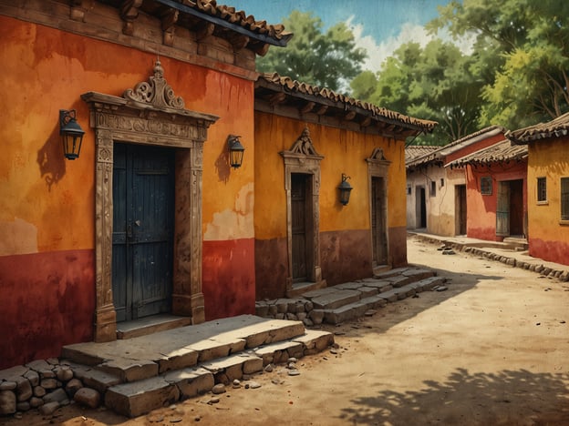 Das Bild zeigt eine malerische Szene, die eine enge Straße mit bunten Häusern darstellt, die typisch für koloniale Stadtarchitektur in Lateinamerika sind. Die lebhaften Farben und der historische Stil der Türen und Fenster reflektieren eine reiche kulturelle Vielfalt, die in Städten wie La Paz zu finden ist.La Paz, die Hauptstadt Boliviens, hat eine faszinierende Geschichte, die von indigenen Kulturen, spanischer Kolonialisierung und einer Mischung aus verschiedenen Traditionen geprägt ist. Die Architektur in La Paz spiegelt diesen kulturellen Austausch wider, wobei europäische Einflüsse auf einheimische Bautechniken und Stile treffen. Die Verwendung von Farben und Materialien in der Umgebung zeigt zudem die Bedeutung von lokalen Ressourcen und die Identität der Gemeinschaften, die dort leben.Insgesamt verkörpert das Bild die bunte und vielfältige Kultur, die in La Paz und ähnlichen Städten Lateinamerikas lebendig ist, mit ihren historischen Wurzeln und der fortwährenden Verbindung zu Traditionen und Geschichten der Vergangenheit.
