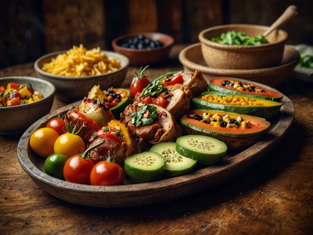 Auf dem Bild sind verschiedene kulinarische Elemente zu sehen, die an die Küche Boliviens erinnern könnten. Es gibt eine ansprechend angerichtete Platte mit gegrilltem Fleisch, das mit frischen Tomaten, Paprika und Kräutern garniert ist. Dazu sind gesunde Beilagen wie Gurken und frische Papaya mit einer bunten Füllung aus Mais und Bohnen zu finden.Ein typisches Gericht aus Bolivien ist **Salteña**, eine gefüllte Teigtasche, die oft mit den gleichen frischen Zutaten und Aromen zubereitet wird. Auch **Pique Macho**, ein Gericht aus Rindfleisch mit verschiedenen Beilagen, könnte in solch einer Präsentation auftauchen. Die frische und bunte Darstellung spiegelt die Vielfalt der bolivianischen Küche wider.