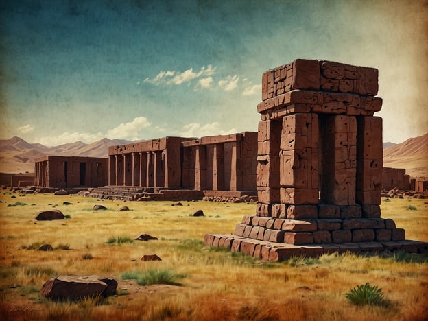 Auf dem Bild sind architektonische Ruinen zu sehen, die an die beeindruckenden Überreste von Tiwanaku erinnern. Tiwanaku war eine bedeutende Präkolumbianische Stadt im Andenraum, bekannt für ihre monumentalen Bauwerke, die zwischen 400 und 1000 n. Chr. errichtet wurden. Die Stadt liegt in Bolivien, nahe dem Titicacasee, und zeugt von einer hochentwickelten Kultur, die in der Lage war, massive Steinblöcke mit bemerkenswerter Präzision zu bearbeiten und zu transportieren.Die Ruinen von Tiwanaku umfassen große Tempel, zeremonielle Plätze und beeindruckende Statuen, die die religiösen Überzeugungen und die soziale Struktur der damaligen Zeit widerspiegeln. Besonders bemerkenswert sind das Akapana-Pyramide und das berühmte Tor der Sonne, das komplexe astronomische und religiöse Bedeutungen in der Tiwanaku-Kultur hatte.In der Umgebung zeugt die Landschaft von der hohen Lage der Stadt und bietet einen eindrucksvollen Blick auf die umliegenden Anden. Diese Region bleibt ein faszinierendes Ziel für Archäologen und Geschichtsliebhaber, da sie viele Rätsel über die Ursprünge und den Untergang der Tiwanaku-Zivilisation birgt.