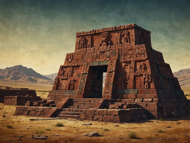 Auf dem Bild ist eine monumentale Architektur im Stil der Tiwanaku-Kultur zu sehen, die im Hochland von Bolivien blühte. Diese Struktur könnte ein Tempel oder eine Zeremonialstätte gewesen sein, die mit wichtigen religiösen Praktiken und Ritualen der Tiwanaku in Verbindung steht.Die Tiwanaku-Kultur war bekannt für ihre komplexen Glaubenssysteme, die oft Naturgötter verehrten. Zeremonien, die zur Pacha Mama (Mutter Erde) und zu anderen Gottheiten abgehalten wurden, spielten eine zentrale Rolle. Die Menschen führten opfergaben und Rituale durch, um die Fruchtbarkeit des Landes zu sichern und gute Ernten zu erbitten.Die Architektur, die oft mit detaillierten reliefartigen Darstellungen verziert war, könnte auch eine Verbindung zu dann noch unbekannten Astronomiepraktiken gehabt haben. Solche Stätten waren häufig gut platziert, um astronomische Ereignisse zu beobachten, was auf einen tiefen Zusammenhang zwischen Religion und Naturerfahrung hinweist.