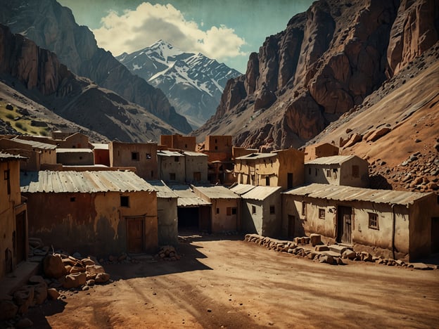 Auf dem Bild ist eine bergige Landschaft mit einer Ansiedlung aus kleineren Gebäuden zu sehen, die von hohen, rauen Bergen umgeben ist. Diese Szenerie erinnert an die Region von Potosí in Bolivien, die während der Kolonialzeit von großer Bedeutung war, insbesondere aufgrund ihrer reichen Silbervorkommen.Potosí war im 16. und 17. Jahrhundert das Zentrum des Silberabbaus und zählte zu den größten und wohlhabendsten Städten der Welt. Der Berg Cerro Rico, in dessen Nähe das Bild spielt, war der Hauptlieferant des Silbers, das von den spanischen Kolonialherren abgebaut wurde. Dies führte zu immensem Reichtum für das spanische Empire, während die indigene Bevölkerung unter schweren Arbeitsbedingungen litt. Die Stadt entwickelte sich zu einem bedeutenden Handels- und Kulturzentrum, dessen Einfluss bis heute in der Geschichte und Architektur der Region zu erkennen ist.