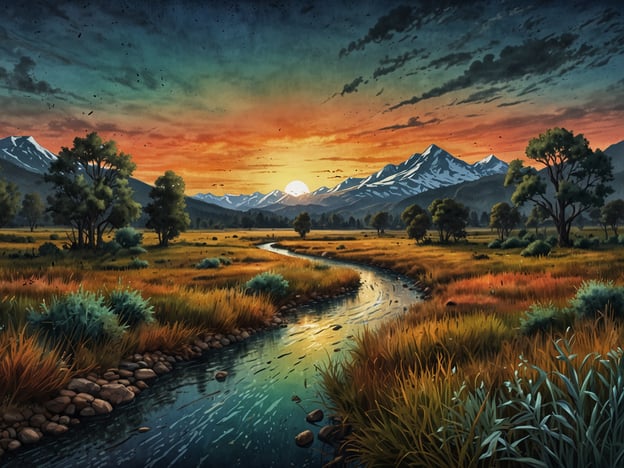 Auf dem Bild ist eine malerische Landschaft mit einem Sonnenuntergang über Bergen und einem ruhigen Fluss zu sehen, der durch eine Wiese fließt. Diese Umgebung hat eine hohe ökologische Bedeutung, ähnlich wie die Laguna Colorada.Die Laguna Colorada in Bolivien ist ein bedeutendes Feuchtgebiet, das Lebensraum für zahlreiche Vogelarten bietet, darunter Flamingos. Solche Gewässer sind entscheidend für die Biodiversität, da sie als Brut- und Nahrungsgebiete dienen. Sie fördern auch das Gleichgewicht von Wasserqualitäten und unterstützen lokale Ökosysteme, indem sie Nahrung und Schutz für viele Tierarten bereitstellen. Außerdem wirken sie als natürliche Wasserfilter, die Schadstoffe aus dem Wasser entfernen können. Solche Regionen sind daher unverzichtbar für die Erhaltung der Umwelt und die nachhaltige Nutzung natürlicher Ressourcen.
