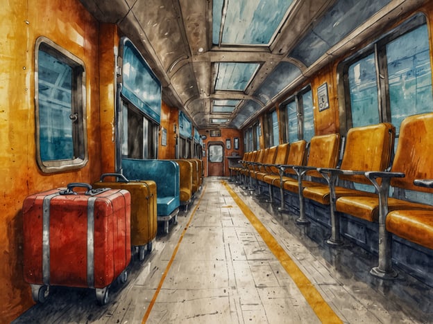 Auf dem Bild ist ein leeres Abteil eines Zugs zu sehen, mit einer Reihe bunter Sitzgelegenheiten und Gepäckstücken.### AnreiseUm zu einem Bahnhof zu gelangen, können Sie verschiedene Verkehrsmittel nutzen, wie öffentliche Verkehrsmittel (Bussen oder Straßenbahnen) oder ein Taxi. Überprüfen Sie die Fahrpläne im Voraus, um Wartezeiten zu minimieren.### Praktische Tipps für deinen Besuch1. **Fahrkarten kaufen:** Stellen Sie sicher, dass Sie Ihre Fahrkarte vor der Abfahrt kaufen, entweder am Automaten oder online.2. **Gepäck:** Achten Sie darauf, Ihr Gepäck ordentlich zu verstauen, um Platz für andere Passagiere zu schaffen.3. **Pünktlichkeit:** Seien Sie rechtzeitig am Bahnsteig, um eine stressfreie Ein- und Ausstieg zu gewährleisten.4. **Essen und Trinken:** Packen Sie Snacks und Wasser ein, besonders für längere Reisen. Viele Züge bieten auch Verpflegungsangebote an.5. **Unterhaltung:** Nehmen Sie ein Buch oder etwas zum Spielen mit, um die Zeit während der Fahrt angenehm zu verbringen.Genießen Sie Ihre Reise!