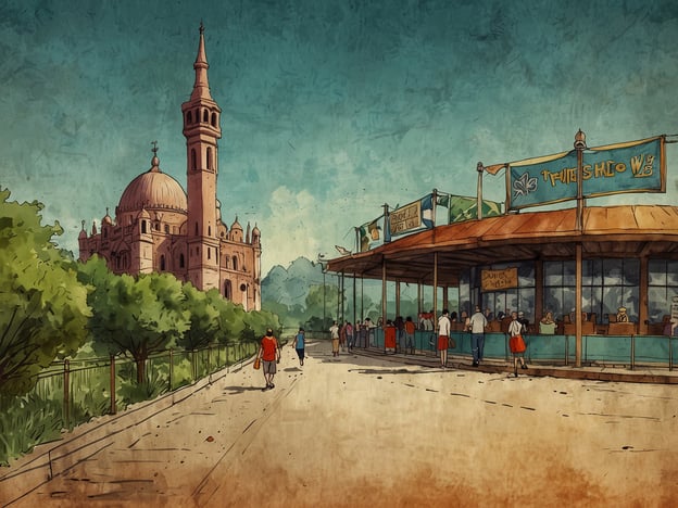 Auf dem Bild ist eine reizvolle Architektur zu sehen, die einem historischen Gebäude ähnelt, möglicherweise eine Moschee oder ein Palast, sowie ein Markt oder ein Verkaufstand im Vordergrund. Die Umgebung ist grün und einladend, was auf einen lebhaften Ort hindeutet.### Reisetipps:1. **Kulturelle Sehenswürdigkeiten**: Besuchen Sie die nahegelegene Moschee, um die beeindruckende Architektur und das kulturelle Erbe zu erleben. Denken Sie daran, angemessene Kleidung zu tragen.2. **Essen und Trinken**: Probieren Sie lokale Gerichte in den Marktständen oder Cafés. Fragen Sie nach den Spezialitäten der Region, um authentische Geschmackserlebnisse zu haben.3. **Fotografie**: Der Ort bietet viele malerische Motive. Nutzen Sie die Möglichkeit, einige Fotos bei Tageslicht zu machen, um die Farben und Details festzuhalten.4. **Lokale Märkte**: Erkunden Sie die Geschäfte und Stände rund um den Markt. Hier finden Sie Souvenirs, Handwerkskunst und frische Produkte.5. **Öffentliche Verkehrsmittel**: Informieren Sie sich über die besten Transportmittel, um leicht zu den verschiedenen Attraktionen zu gelangen.Viel Spaß beim Reisen!