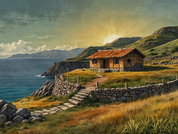 Auf dem Bild ist eine malerische Landschaft mit einem einfachen Haus zu sehen, das an einem Küstenabschnitt steht. Im Hintergrund erkennt man sanfte Hügel und das weite Wasser, während die Sonne im Hintergrund aufgeht und eine warme, goldene Lichtstimmung erzeugt.Die mystische Bedeutung der Isla del Sol beinhaltet, dass diese Insel oft als einer der Ursprungsorte der Inka-Kultur angesehen wird. Sie symbolisiert Freiheit, Spiritualität und die enge Verbindung zur Natur. Betrachtet man diese Faktoren, könnte die Szene auf eine harmonische Verbindung zwischen Mensch und Umwelt hinweisen, die auch auf der Isla del Sol spürbar ist. Die ergreifende Schönheit der Natur und die Ruhe des Hauses können als Aufruf zur inneren Einkehr und zur Erkundung der tieferen spirituellen Aspekte des Lebens interpretiert werden.