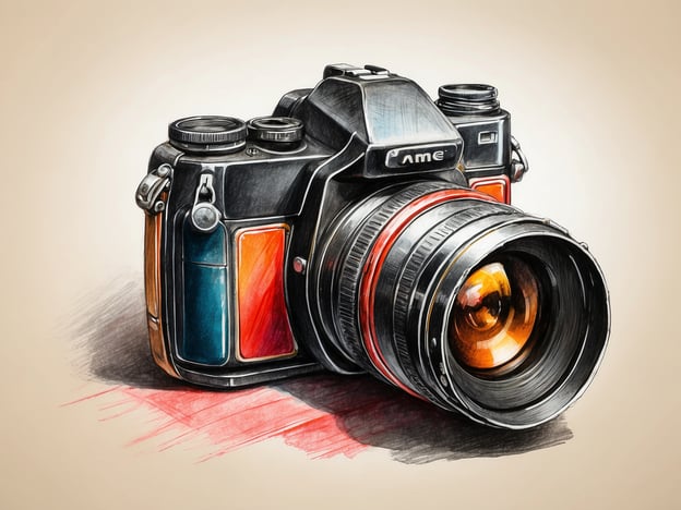 Auf dem Bild ist eine Kamera dargestellt, die im Illustrationsstil gehalten ist. Die Kamera hat ein klassisches Design mit verschiedenen Farben an der Gehäuseseite, darunter schwarz, rot und orange. Das Objektiv ist groß und hat eine glänzende Linse, die Licht reflektiert.Die Technik, die verwendet wurde, um dieses Bild zu erstellen, könnte eine Kombination aus digitalen Zeichnungs- oder Maltechniken sein, möglicherweise unter Verwendung von Farbstiften oder digitalen Malwerkzeugen. Die Details und Schattierungen geben der Kamera Tiefe und Dimension, während die klaren Linien und lebendigen Farben die Aufmerksamkeit auf sich ziehen.Insgesamt vermittelt das Bild ein nostalgisches Gefühl und zeigt die Schönheit der Fotografie sowie die technischen Details einer Kamera.