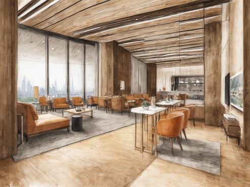 Eine elegante Lounge mit modernen Möbeln aus Holz und orangefarbenen Sesseln ist zu sehen. Große Fenster bieten einen Blick auf eine Stadtlandschaft mit hohen Gebäuden. Der Boden ist aus hellem Holz und ein Teppich ergänzt das Interieur. Auf einem Tisch stehen Pflanzen und dekorative Gegenstände, während im Hintergrund eine kleine Bar und ein Fernseher sichtbar sind. Die Atmosphäre wirkt einladend und ruhig, ideal für Reisende.