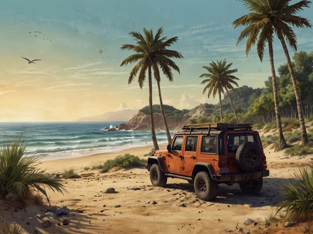 Auf dem Bild ist eine malerische Küstenlandschaft zu sehen, die von Palmen und weichem Sandstrand geprägt ist. Ein geländegängiges Fahrzeug steht am Strand und blickt auf das Meer. Diese Umgebung bietet zahlreiche Freizeitmöglichkeiten, wie zum Beispiel:1. **Strandspaziergänge**: Die lange Sandküste lädt ein, am Wasser entlang zu schlendern und die Natur zu genießen.2. **Offroad-Abenteuer**: Mit dem geländegängigen Fahrzeug könnte man spannende Touren entlang der Küste oder in die umliegenden Hügel planen.3. **Wassersport**: Aktivitäten wie Schwimmen, Surfen oder Schnorcheln könnten in den klaren Wellen des Meeres stattfinden.4. **Entspannung**: Der Strand bietet perfekte Voraussetzungen, um sich zu entspannen, ein Buch zu lesen oder einfach die Sonne zu genießen.5. **Naturerkundung**: Die umgebenden Pflanzen und Tiere laden dazu ein, die lokale Flora und Fauna zu entdecken.Insgesamt ist es ein schöner Ort, der viele Möglichkeiten für Aktivitäten in der Natur bietet.