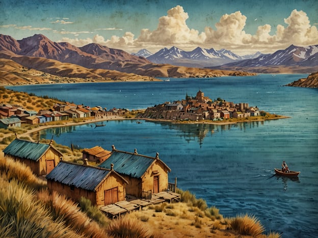 Das Bild zeigt eine malerische Landschaft am Titicacasee, umgeben von Bergen und kleinen, bunten Häusern. Auf dem Wasser ist ein kleines Boot zu sehen, während im Vordergrund einige einfache Hütten stehen.Für Reisevorbereitungen zum Titicacasee empfiehlt es sich, die folgenden Punkte zu berücksichtigen:1. **Reisezeit**: Die beste Zeit für einen Besuch ist zwischen Mai und September, wenn das Wetter trockener ist.2. **Unterkunft**: Überlegen Sie, ob Sie in einem Hotel am Ufer oder in einer der traditionellen Unterkünfte auf den Inseln übernachten möchten.3. **Transport**: Informieren Sie sich über Boote und Fähren, die zu den verschiedenen Inseln des Titicacasees fahren.4. **Aktivitäten**: Planen Sie Besuche bei den Uros-Inseln sowie auf Taquile und Isla del Sol. Entdecken Sie die lokale Kultur und Traditionen.5. **Gesundheit**: Berücksichtigen Sie die Höhenlage und nehmen Sie entsprechende Vorkehrungen gegen Höhenkrankheit.6. **Packliste**: Denken Sie an warme Kleidung, Sonnenschutz und eventuell Medikamente, da das Wetter schnell umschlagen kann.Mit diesen Vorbereitungen steht einem unvergesslichen Aufenthalt am Titicacasee nichts im Wege!