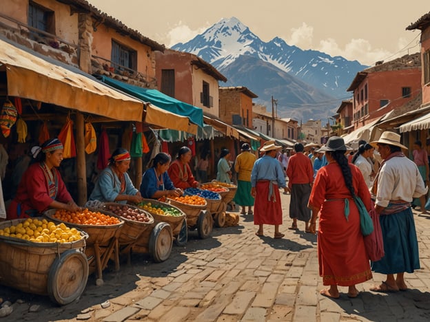Auf dem Bild ist eine belebte Marktszene zu sehen, die typischerweise in El Alto, Bolivien, stattfinden könnte. Die Händlerinnen, die traditionell gekleidet sind, verkaufen eine Vielzahl von buntem Obst. Ihre farbenfrohen Kleidung und die Verwendung von traditionellen Waren spiegeln die Kultur und Identität der Aymara- und Quechua-Völker wider, die in dieser Region stark vertreten sind.Die Marktstruktur ist auch ein wichtiger Bestandteil der sozialen und wirtschaftlichen Traditionen in El Alto. Hier treffen sich Menschen nicht nur zum Kauf und Verkauf, sondern auch zum Austausch von Nachrichten und zur Pflege von Gemeinschaftsbeziehungen.Der Hintergrund mit den majestätischen Anden vermittelt das Gefühl der Verbundenheit mit der Natur, die in der bolivianischen Kultur eine zentrale Rolle spielt. Insgesamt zeigt das Bild eine lebendige Darstellung der kulturellen Praktiken und Traditionen in El Alto.