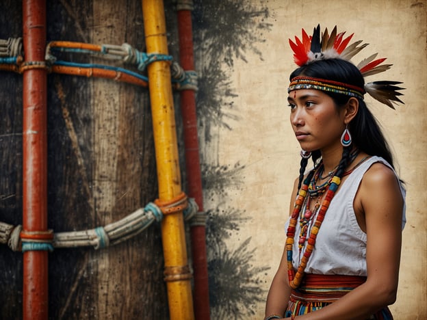 Auf dem Bild ist eine Person zu sehen, die traditionelle Bekleidung und Schmuck trägt, was auf die kulturellen Praktiken und Identität indigener Völker hindeutet. Ihr Kleidungsstil und die verwendeten Accessoires, wie der Kopfschmuck mit Federn und die bunten Perlen, spiegeln die reiche Kultur und Geschichte wider, die oft mit Zeremonien, Festen und dem täglichen Leben verbunden sind.Kulturelle Begegnungen mit indigenen Völkern sind wichtig, um deren Traditionen, Wertvorstellungen und Wissenssysteme zu respektieren und zu verstehen. Diese Begegnungen können den interkulturellen Dialog fördern und dazu beitragen, dass indigene Perspektiven in globalen Kontexten gewürdigt werden. Die Darstellung von indigenen Kulturen in Bildern kann sowohl ein Nutzen als auch eine Herausforderung darstellen, da es entscheidend ist, authentische Darstellungen zu fördern und Stereotypen zu vermeiden.