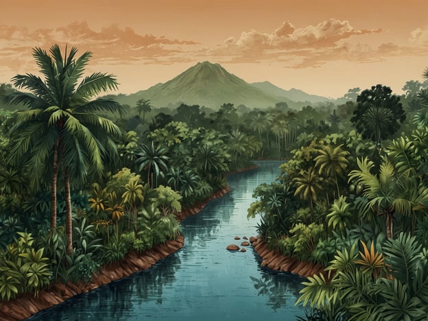 Auf dem Bild ist eine tropische Landschaft mit üppigen Palmen und einem ruhigen Fluss zu sehen, der von dichtem Grün umgeben ist. Im Hintergrund erhebt sich ein Berg, und der Himmel hat einen warmen Farbton, der auf Sonnenuntergang hindeutet.**Lage und Anreise nach Rurrenabaque:**Rurrenabaque liegt in Bolivien, in der Region La Paz, und ist ein beliebter Ausgangspunkt für Touren ins Amazonasdschungelgebiet. Die Stadt befindet sich am Rande des Madidi-Nationalparks.Um nach Rurrenabaque zu gelangen, kann man von La Paz aus entweder einen Bus nehmen, der etwa 18 bis 20 Stunden benötigt, oder einen Inlandsflug, der die Reise erheblich verkürzt. Die Flugverbindung ist eine beliebte Wahl, da sie einen spektakulären Blick auf die Anden und den Amazonas bietet. Von Rurrenabaque aus kann man dann verschiedene Touren in den Dschungel und zu den einheimischen Tierarten unternehmen.