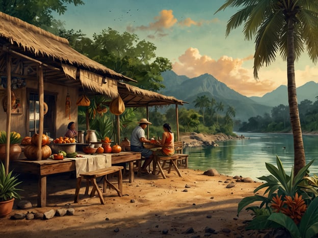 Auf dem Bild ist eine Szene aus Rurrenabaque zu sehen, die die lokale Kultur und kulinarischen Entdeckungen widerspiegelt. Wir sehen eine typische Hütte, die in der Nähe eines Flusses liegt, umgeben von üppiger Natur. Auf dem Tisch sind verschiedene frische Früchte und Gemüse aus der Region ausgebreitet, was darauf hinweist, dass hier möglicherweise lokale Produkte zubereitet oder verkauft werden.Die Menschen auf dem Bild scheinen in eine freundliche Interaktion vertieft zu sein, was die Bedeutung von Gemeinschaft und traditioneller Essenszubereitung in der Kultur von Rurrenabaque unterstreicht. Die Umgebung, mit den Bergen im Hintergrund und der tropischen Vegetation, trägt zur besonderen Atmosphäre bei und hebt die naturnahen Lebensweise der dort lebenden Menschen hervor. Solche Orte sind oft Treffpunkte für kulinarische Erlebnisse, bei denen man lokale Gerichte und die herzliche Gastfreundschaft der Bevölkerung entdecken kann.