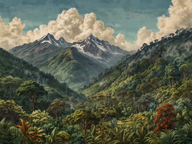 Auf dem Bild ist eine beeindruckende Landschaft zu sehen, die von hohen Bergen und üppigen Wäldern geprägt ist. Diese Darstellung könnte die einzigartige Lage des Amboró-Nationalparks in Bolivien widerspiegeln. Der Park ist bekannt für seine atemberaubenden Berge, dichte Regenwälder und eine hohe Biodiversität. Die Kombination aus majestätischen Gipfeln und tropischer Vegetation ist charakteristisch für diese Region, die zahlreiche Pflanzen- und Tierarten beherbergt.