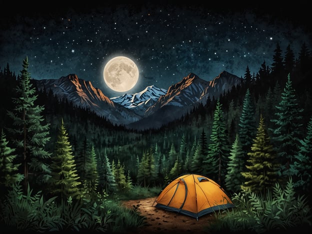 Auf dem Bild ist eine wunderschöne Naturaufnahme zu sehen, die perfekt für Naturfreunde ist. Im Vordergrund steht ein leuchtend orangefarbenes Zelt, das in einer ruhigen Waldlandschaft aufgestellt ist. Um das Zelt herum wachsen hohe, grüne Nadelbäume, die eine gemütliche Atmosphäre schaffen.Die Berge im Hintergrund, die teilweise schneebedeckt sind, ragen majestätisch in den Himmel, während der große, leuchtende Vollmond eine zauberhafte Stimmung erzeugt. Der klare Nachthimmel wird zusätzlich durch funkelnde Sterne geschmückt, was zu einem perfekten Camping-Erlebnis einlädt.Aktivitäten, die Naturfreunde hier genießen könnten, sind unter anderem:1. **Camping**: Eine Nacht unter dem Sternenhimmel verbringen und die frische Luft genießen.2. **Wanderungen**: Erkundung der umliegenden Berge und Wälder mit herrlichen Ausblicken.3. **Sternbeobachtung**: Das Beobachten der Sterne und das Entdecken von Sternbildern.4. **Fotografie**: Erinnerungen an die fantastischen Aussichten festhalten.5. **Feuerstellen**: Lagerfeuer machen und Geschichten erzählen.Diese Umgebung bietet eine ideale Gelegenheit, um die Natur zu erleben und die Außenwelt in vollen Zügen zu genießen.