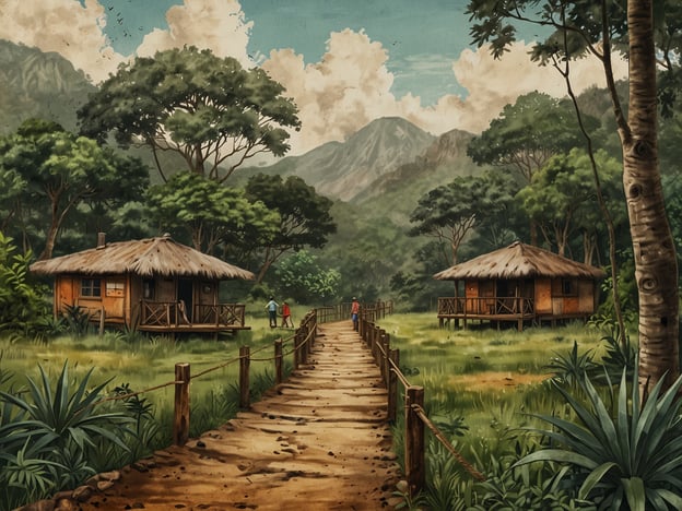 Auf dem Bild sind zwei traditionelle Hütten in einer grünen, bewaldeten Umgebung zu sehen, umgeben von Bergen und dichter Vegetation. Der Weg aus Holzplanken führt durch die Landschaft und lädt zu Erkundungen ein.Diese Idylle spiegelt Aspekte des nachhaltigen Tourismus im Amboró-Nationalpark wider, wo Besucher natürliche Schönheit erleben und gleichzeitig die lokale Kultur und Umwelt respektieren können. Solche Unterkünfte fördern umweltfreundliche Praktiken und ermöglichen, dass die Einnahmen der Gemeinde zugutekommen, was einen positiven Einfluss auf den Erhalt der Biodiversität und die Unterstützung der einheimischen Bevölkerung hat.