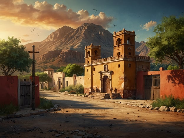 Auf dem Bild ist eine malerische Landschaft mit einer Architektur zu sehen, die von einer Mischung aus kolonialem und regionalem Stil geprägt ist. Die Szenen zeigen Gebäude, die an die historischen Missionen und Dörfer in Mexiko erinnern, häufig in ländlichen Gegenden mit Bergen im Hintergrund.Die Rolle von El Fuerte, das häufig mit der Region und Kultur Mexikos assoziiert wird, ist historisch bedeutsam. El Fuerte ist eine Stadt in Sinaloa, die im 16. Jahrhundert gegründet wurde und als eine wichtige Handels- und Militärstation diente. Die Stadt und ihre Umgebung sind reich an Geschichte und Kultur, einschließlich der Einflüsse der indigenen Völker sowie der spanischen Kolonialisierung.In diesem Kontext symbolisiert El Fuerte oft den kulturellen Austausch und Konflikte zwischen den verschiedenen Zivilisationen, die in der Region lebten. Die Architektur und die Landschaft auf dem Bild könnten also auch als Reflexion dieser komplexen Geschichte dienen und die Schönheit und Herausforderung des Lebens in einer Region zeigen, die über Jahrhunderte hinweg zahlreiche Veränderungen erlebt hat.